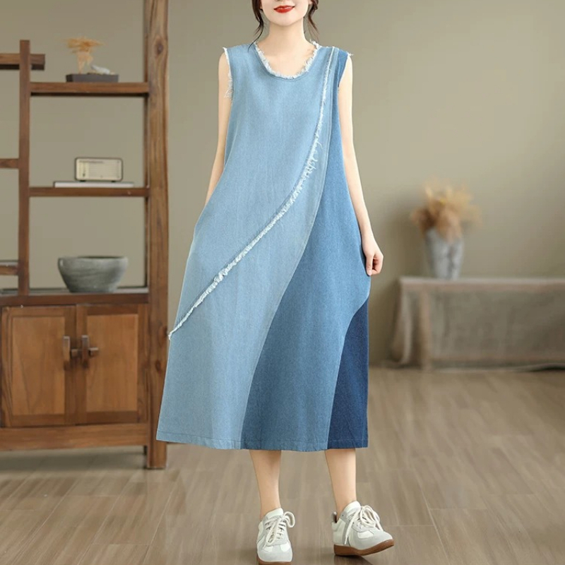Midi Dress - Women Sleeveless Patchwork Denim Midi Dress