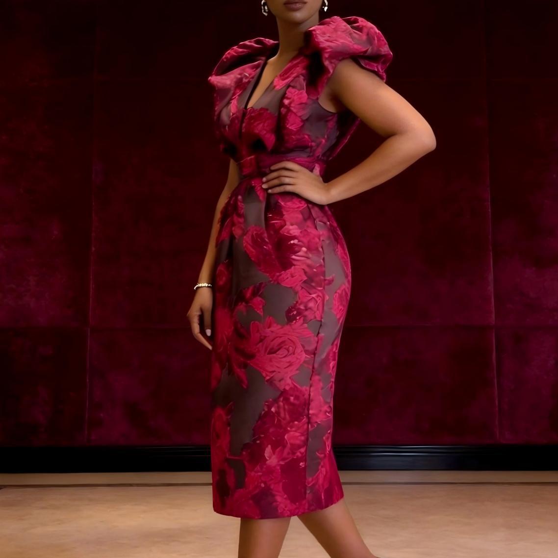 QMANSHA Plus Size Burgundy Flo - Midi Dress recension och pris