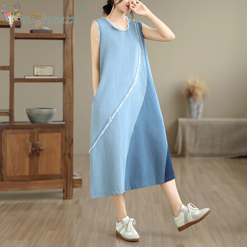 Women Sleeveless Patchwork Den - Midi Dress recension och pris